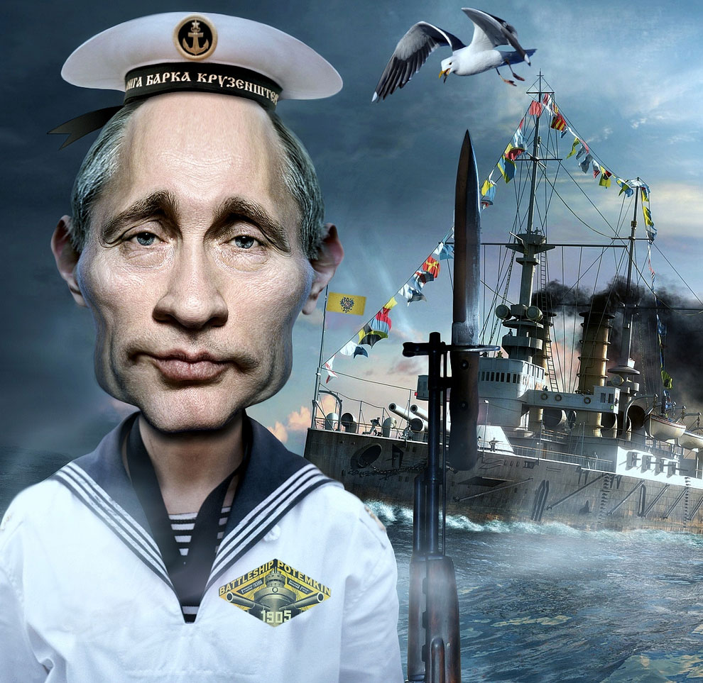 Владимир Владимирович Путин в морской форме, рисунок, карикатура на Путина, прикол